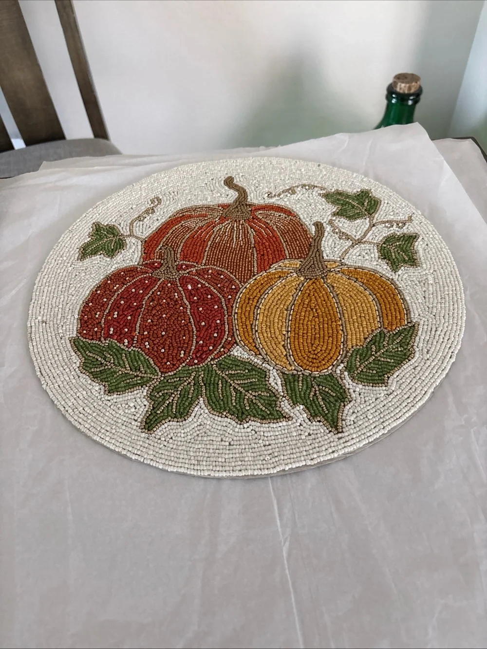 Shabby Chic Beaded Fall Pumpkins Charger Autumn Placemat*Leaves*Centerpiece